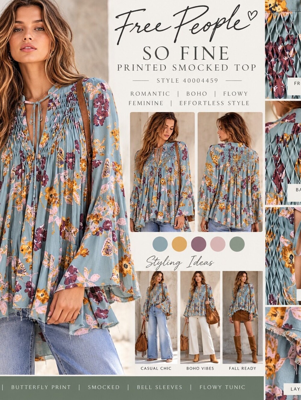 Free People So Fine Smocked Tunic XS Butterfly Floral Boho Bell Sleeve $108